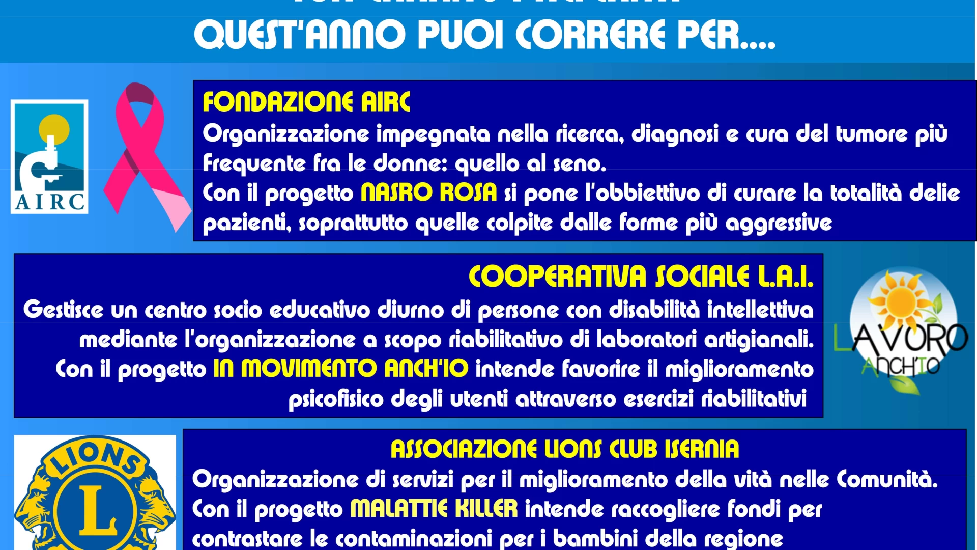 Corrisernia edizione numero 20: pronto il Charity Program. Fondazione AIRC per la prima volta presente all’evento.